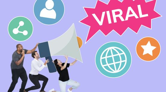 Group of people with a megaphone and a text viral