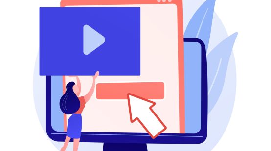 Video content creator, blogger colorful cartoon character. Video editing, uploading, cutting. Arrangement of video shot, manipulation. Vector isolated concept metaphor illustration