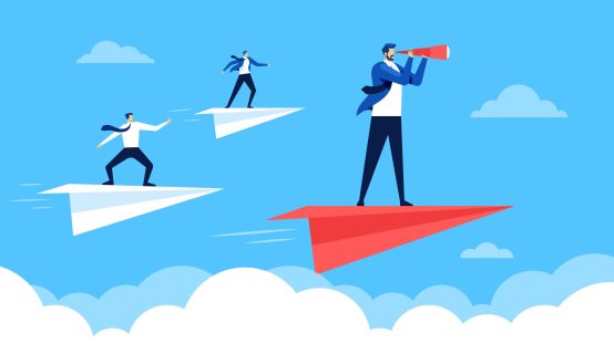 Business leadership. Businessmen flying on paper planes, going to success, following leader. Leadership and teamwork vector concept. Manager forecasting strategy solution with spyglass