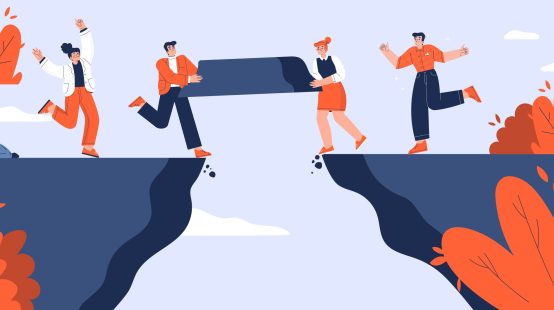 Business team build bridge over gap together. Concept of teamwork, cooperation, corporate communication, partnership with people carry piece of cliff to build bridge, vector flat illustration