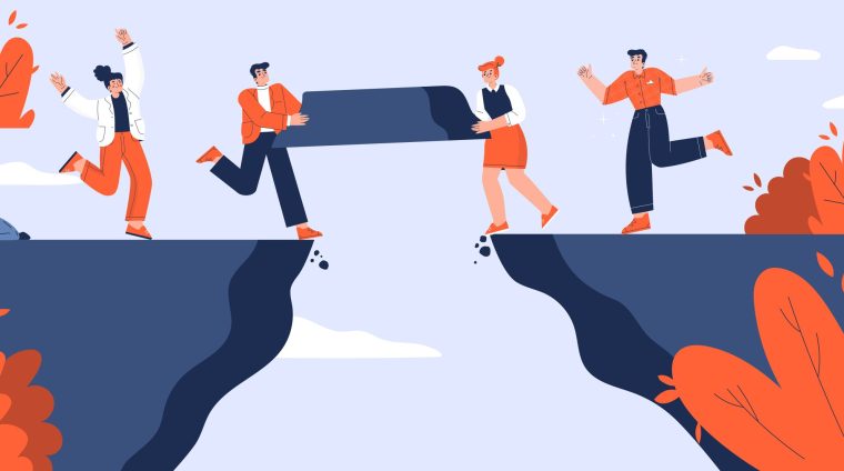 Business team build bridge over gap together. Concept of teamwork, cooperation, corporate communication, partnership with people carry piece of cliff to build bridge, vector flat illustration