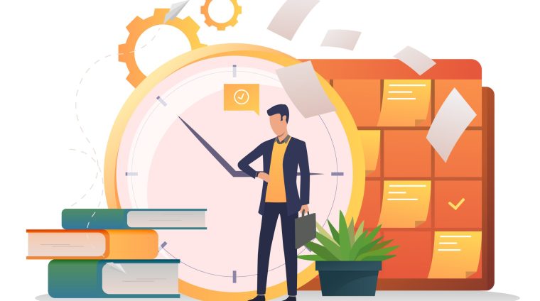 Businessman consulting watch. Clock, stack of books, note board, papers. Time management concept. Vector illustration for topics like education, training, development