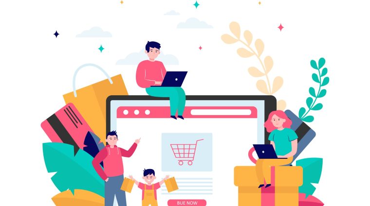 Happy people shopping online. Basket, tablet, customer flat vector illustration. E-commerce and digital technology concept for banner, website design or landing web page