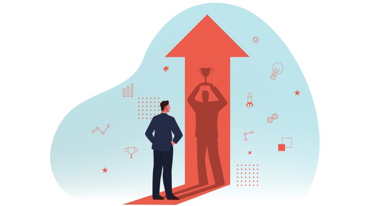 Goal achievement, motivation, success, winning, business concept. Young motivated businessman leader winner clerk manager looking at shadow holding cup or prize. Successful startup goal achievement.