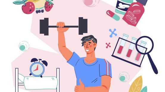 Biohacking and healthy lifestyle concept, extended health surveillance and longevity program, flat cartoon vector illustration isolated on white background. Biohacking for life extension.